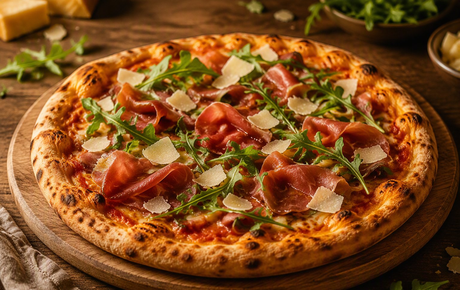 La pizza con crudo, rucola e scaglie