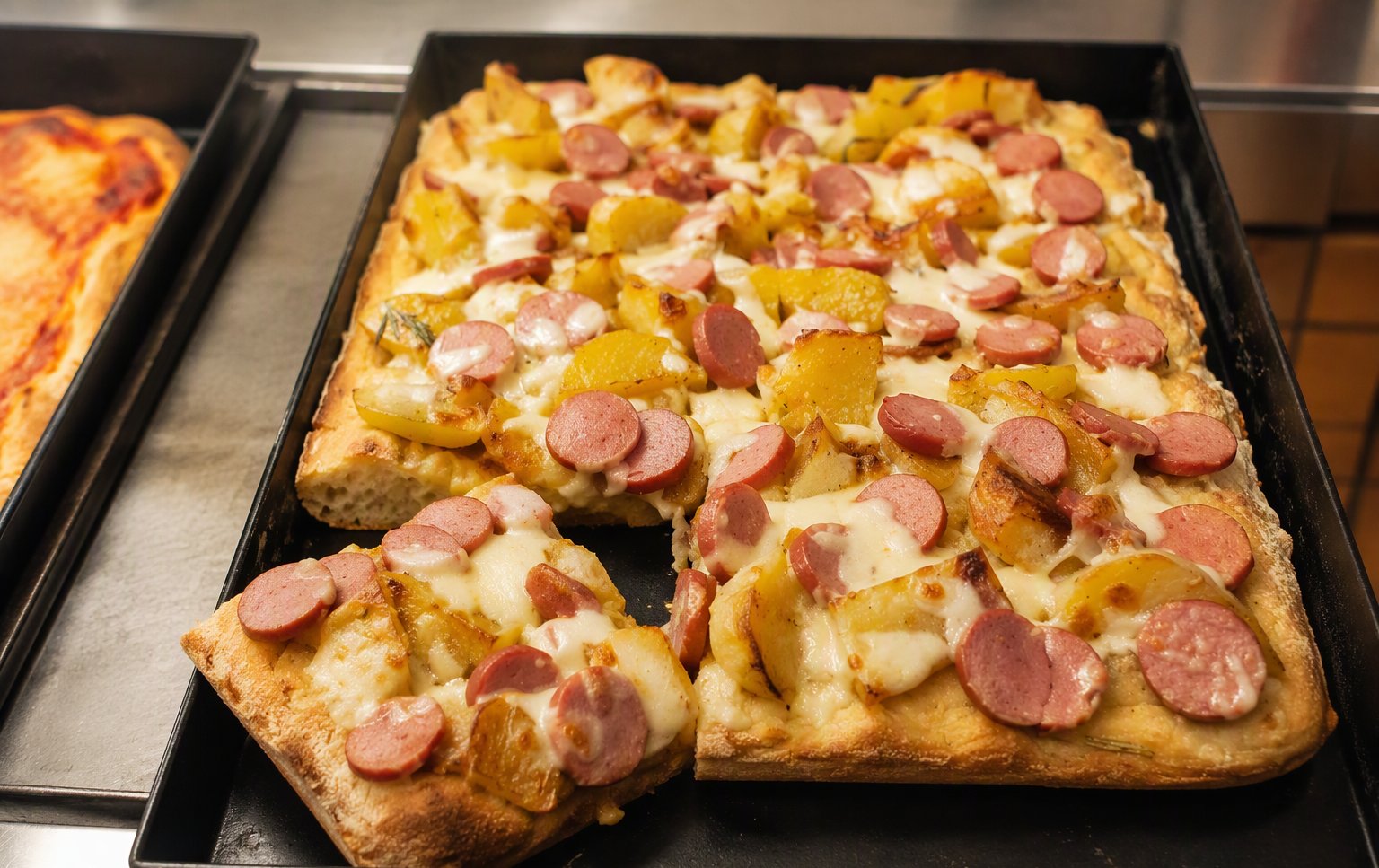 La pizza al taglio con wurstel e patate